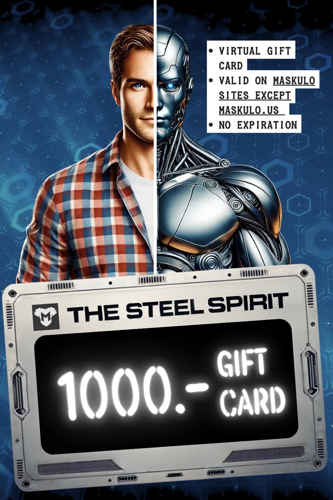 Maskulo Global "The Steel Spirit" Gift Card. Delivered via email. Use for menswear, redeemable online, no expiry.