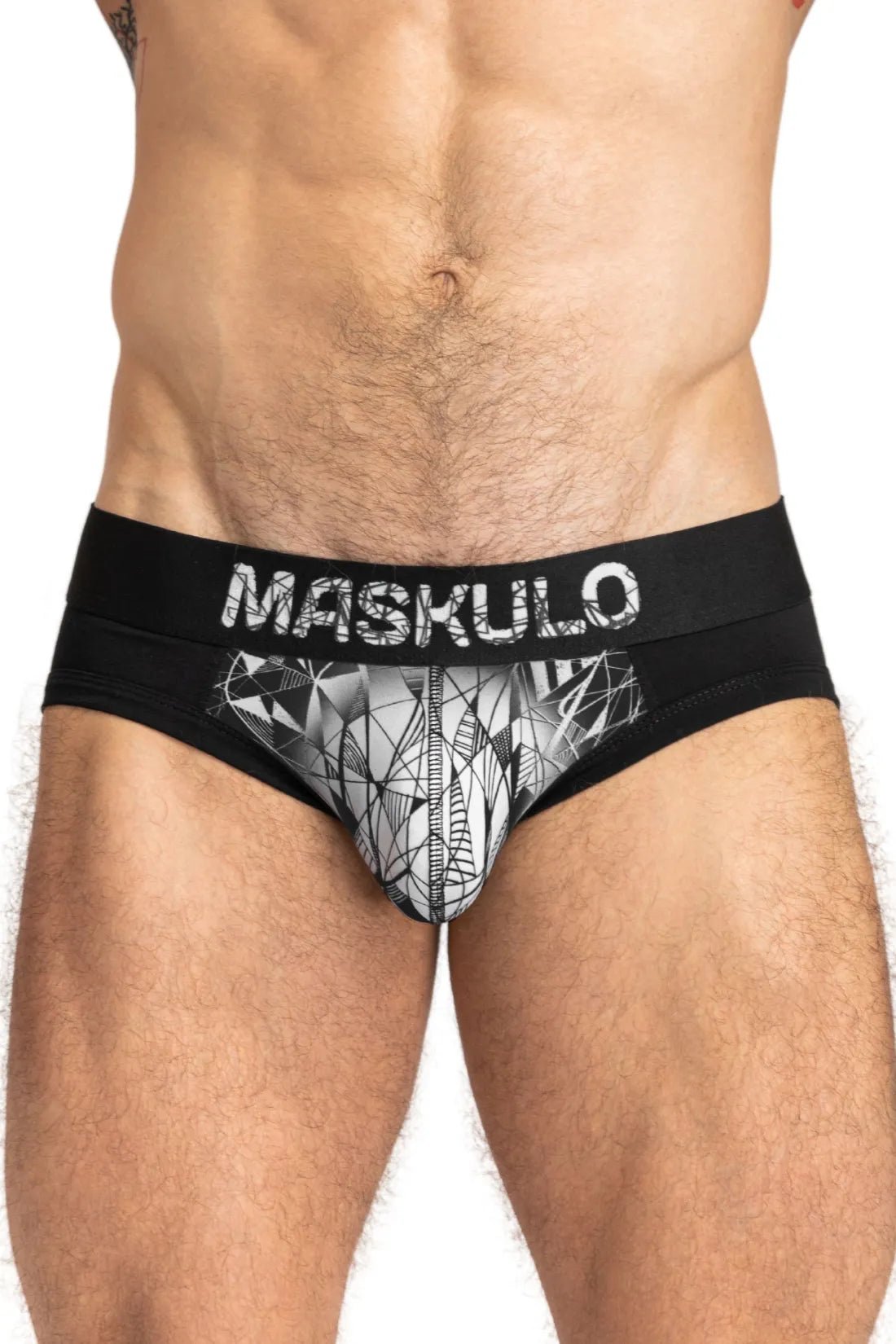 Maskulo ARMOR Black/White briefs with ART-X effect. Cotton/elastane blend everyday underwear for comfort & bulge enhancement.