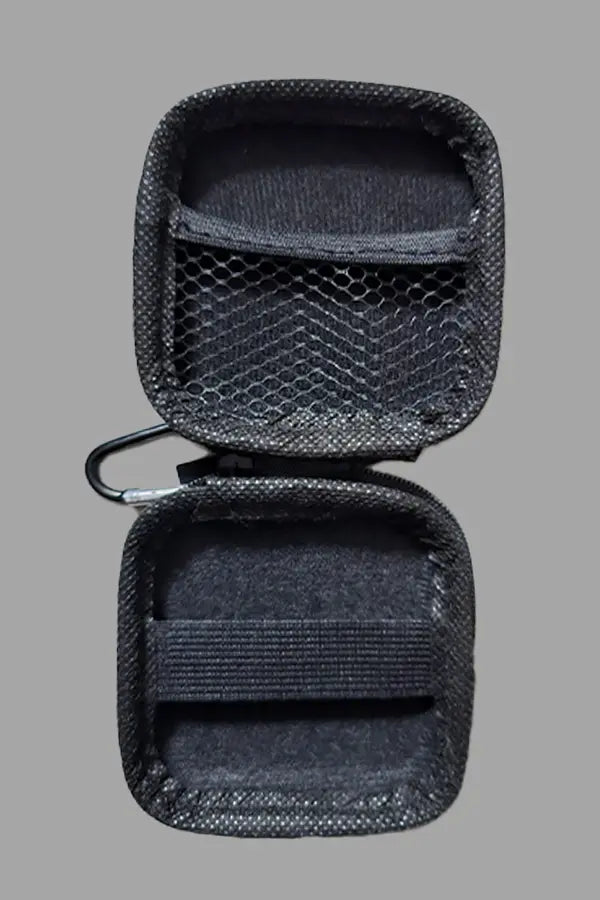 Black mini zip case with carabiner from Jax Wanderlust. Compact accessory for storage, with easy clip attachment.