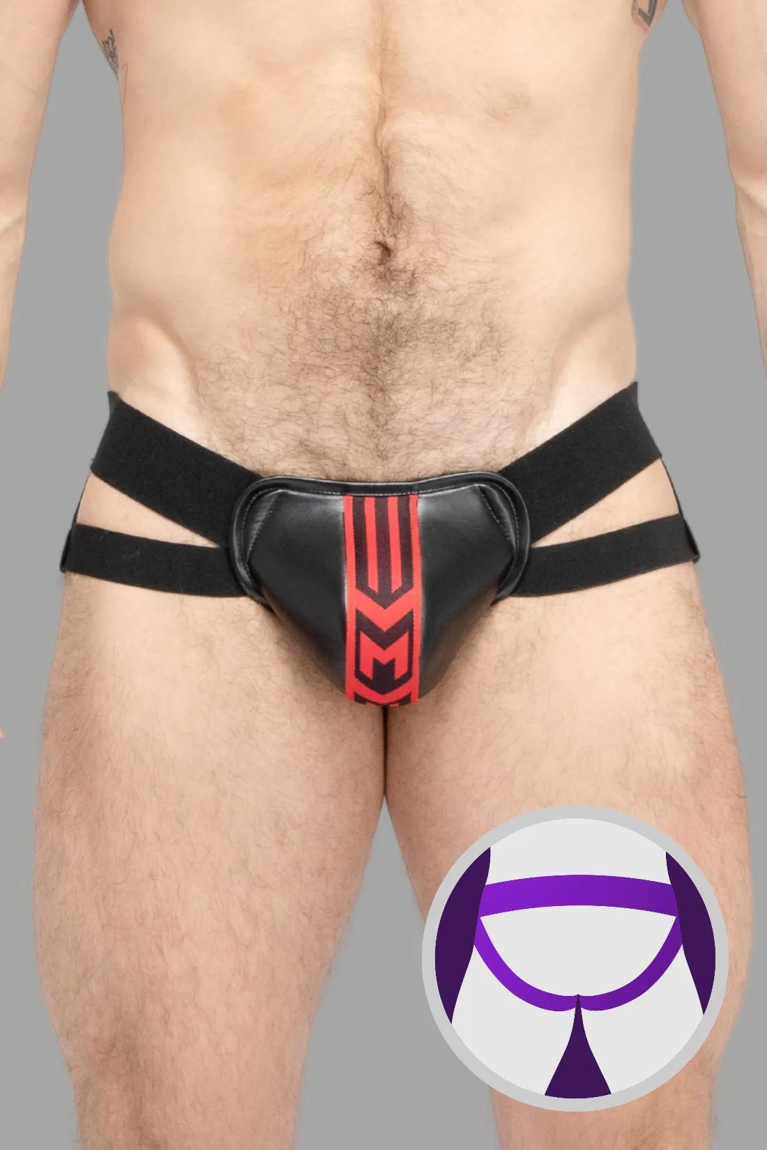 Maskulo Skulla Jockstrap in black and red, featuring a unique, non-detachable PU leather "Hockey shell" pouch and PVC logo.