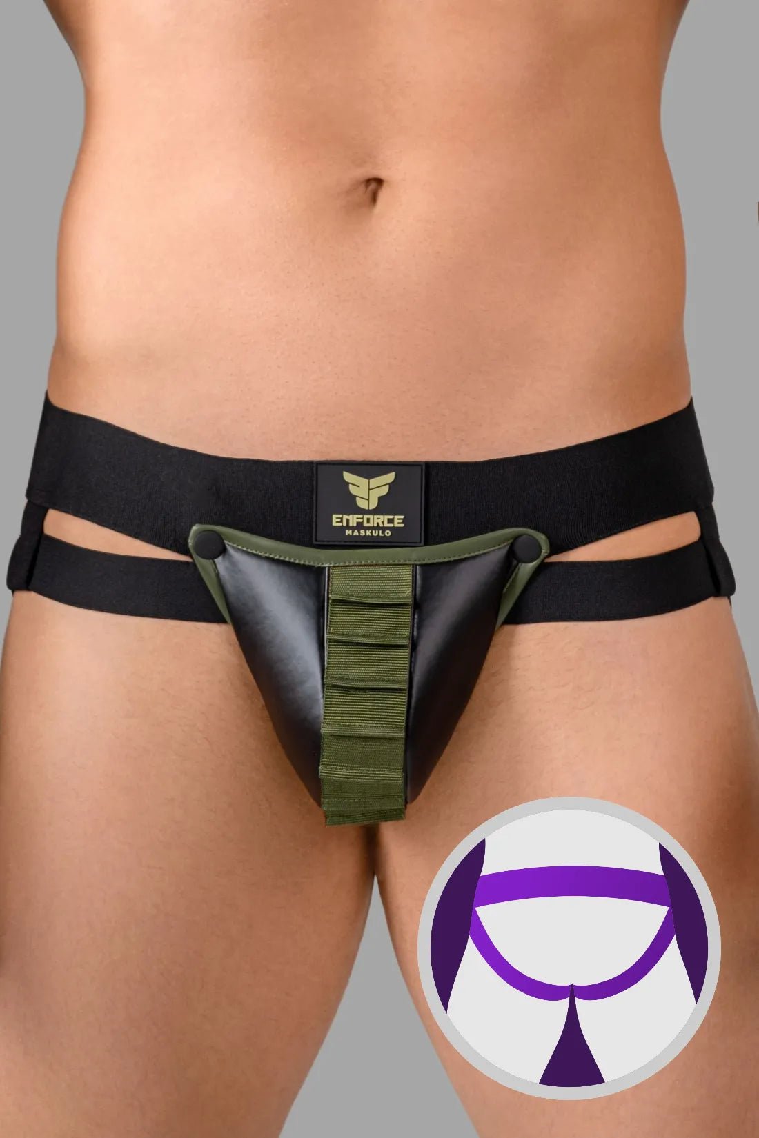 Maskulo Eagle Enforce Pouch Jockstrap in black and green, featuring a detachable corrugated pouch, enforce logo waistband, polyester/polyurethane.