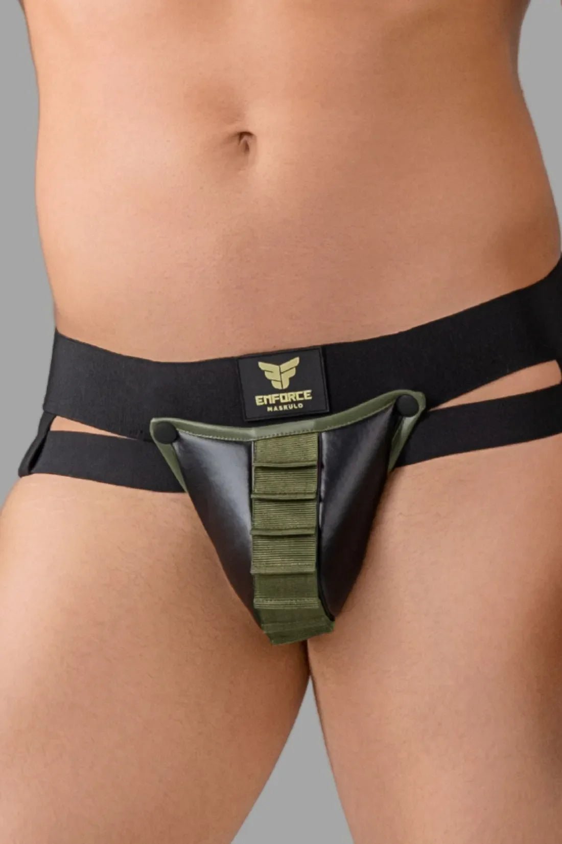 Maskulo "Enforce" shot belt codpiece jockstrap, featuring a supportive pouch and belt design.