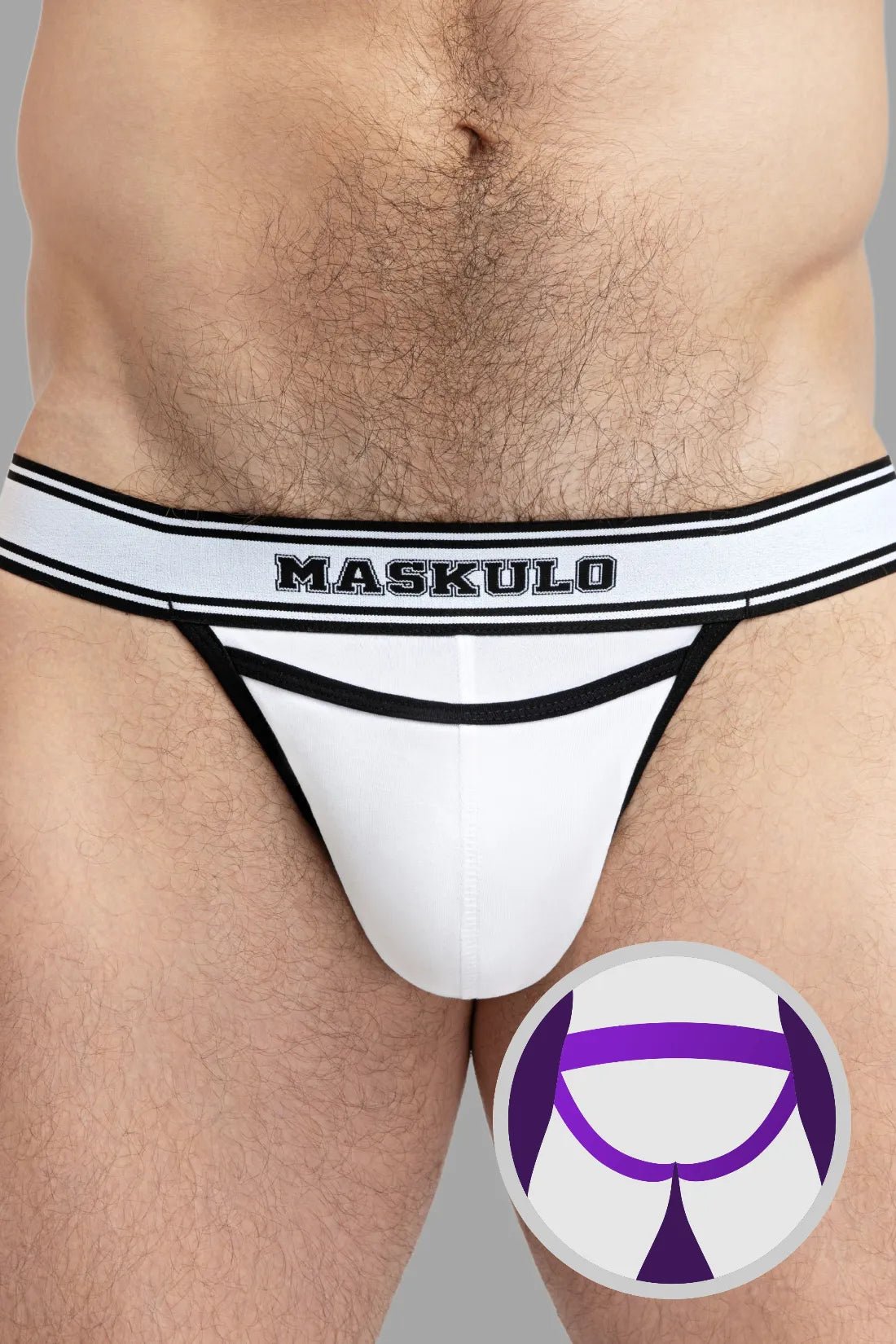 Maskulo College Cotton Jockstrap in white and black. Everyday jockstrap with soft push-up, 95% cotton, 5% elastane, and breathable material.