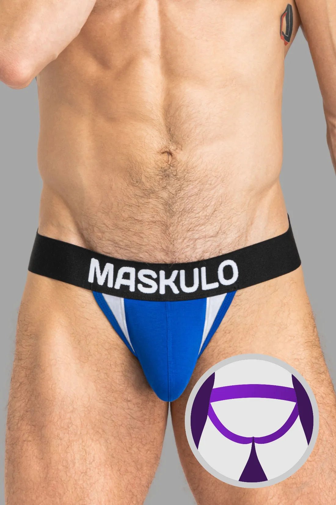 Maskulo Captain-A Jock O-INSIDE-POUCH in blue/black, 100% cotton everyday jockstrap with O-pocket for comfort and support.