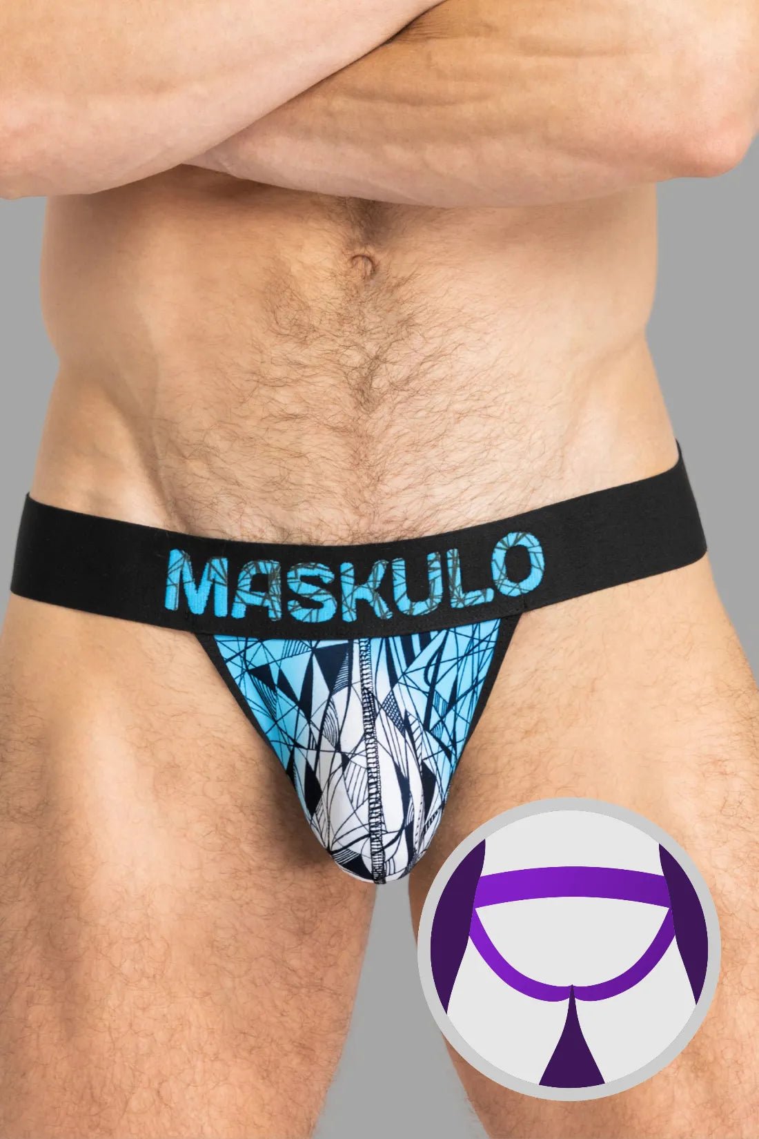 Maskulo ARMOR Black/Blue Jockstrap with ART-X effect print. Cotton/elastane everyday underwear for comfort & support, MJS156.