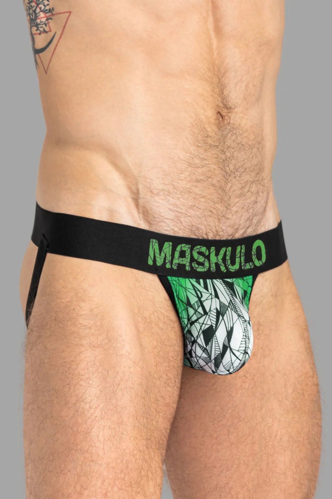 Armor Jock with Art-X Effect by Maskulo in black and green. High-quality underwear accessory for men. Comfortable and stylish.