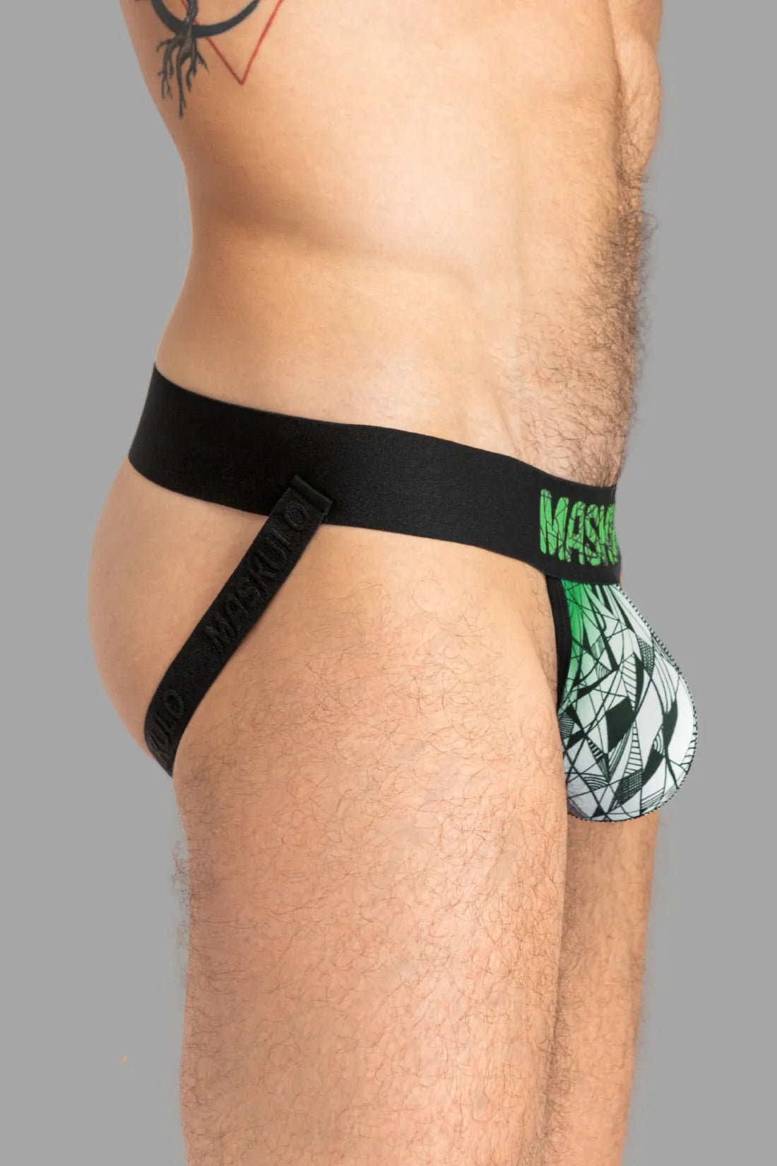 Maskulo Armor Jock with Art X Effect, black and green, size L. Durable, comfortable athletic support for men. SKU: MJS157-Y3.