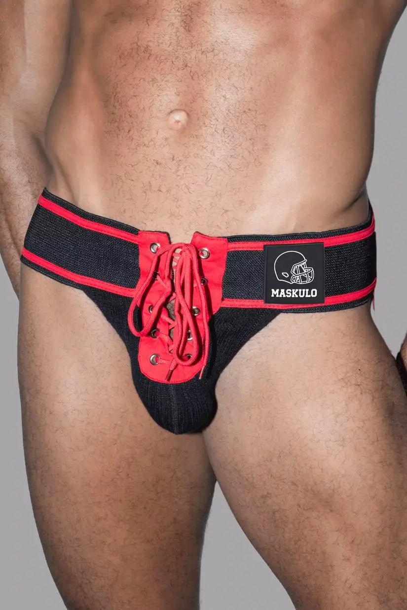 Maskulo Jett Gridd-Iron American Football style Black/Red jockstrap, soft mesh pouch, PVC logo patch, lacing detail, wide waistband.