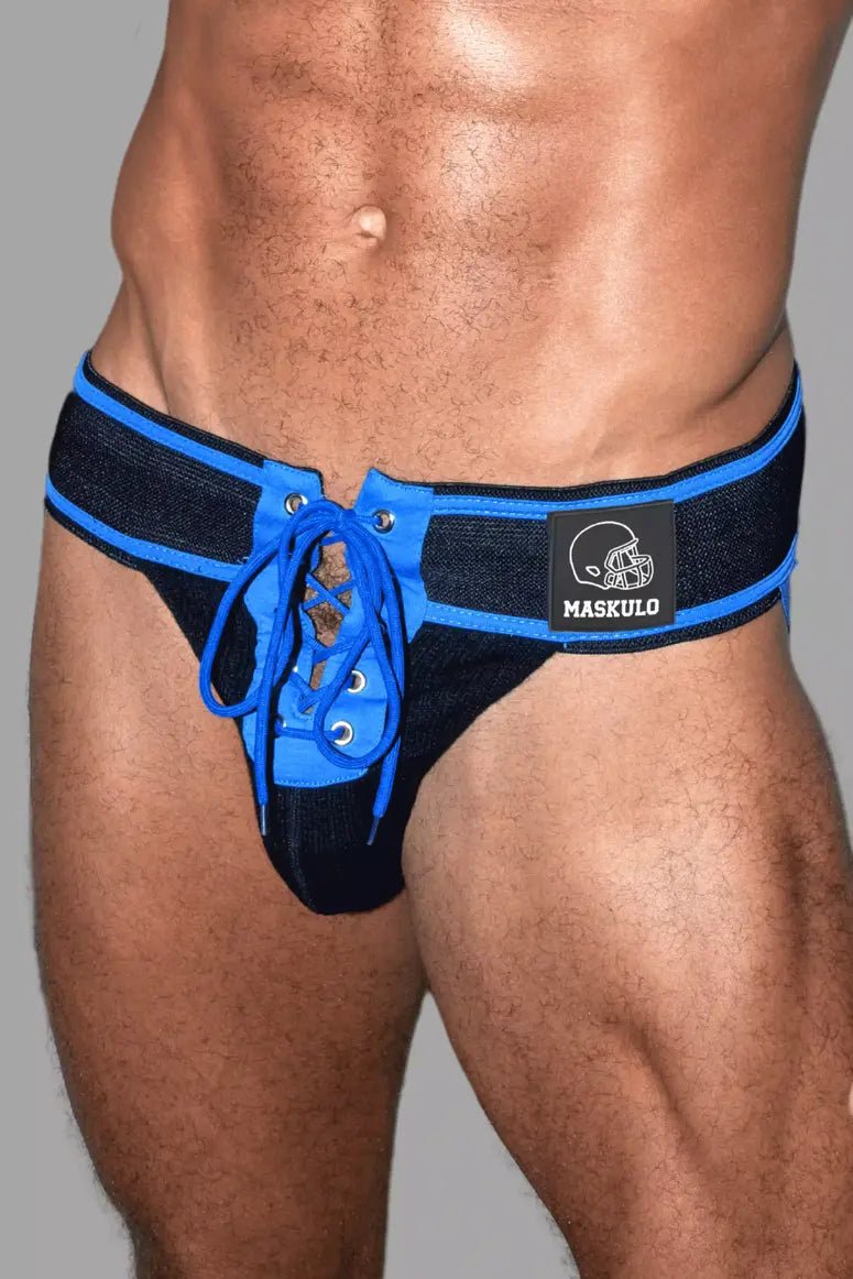 Maskulo Liam Gridd-Iron American Football Jockstrap in Black & Royal Blue. Mesh pouch, lacing design, wide waist band (MJS191).