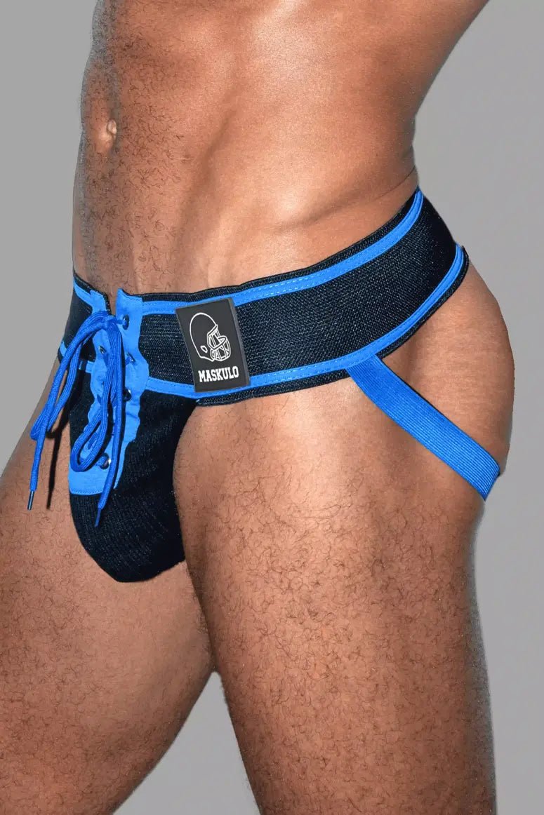 Maskulo Liam Gridd-Iron American Football Jockstrap in Black & Royal Blue. Mesh pouch, lacing design, wide waist band (MJS191).