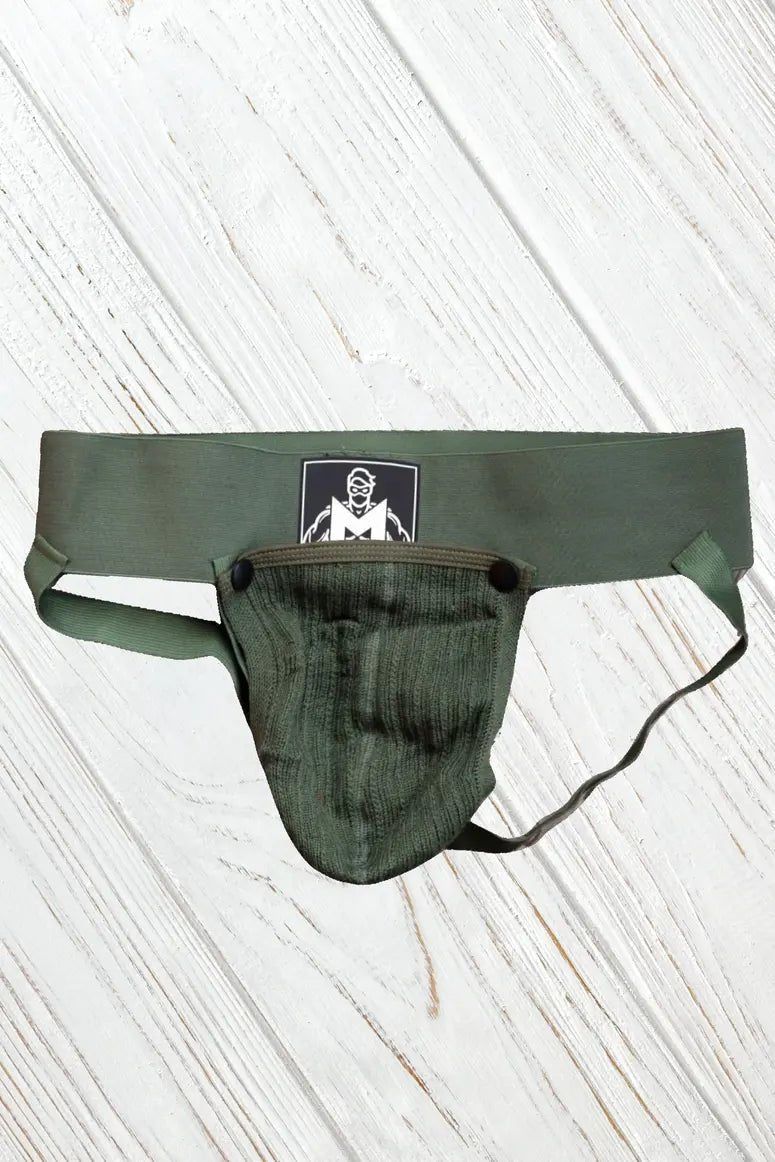 Maskulo Gary Cyclone army green jockstrap with rough design, soft mesh removable pouch on snap buttons, and wide 7.5cm waistband.