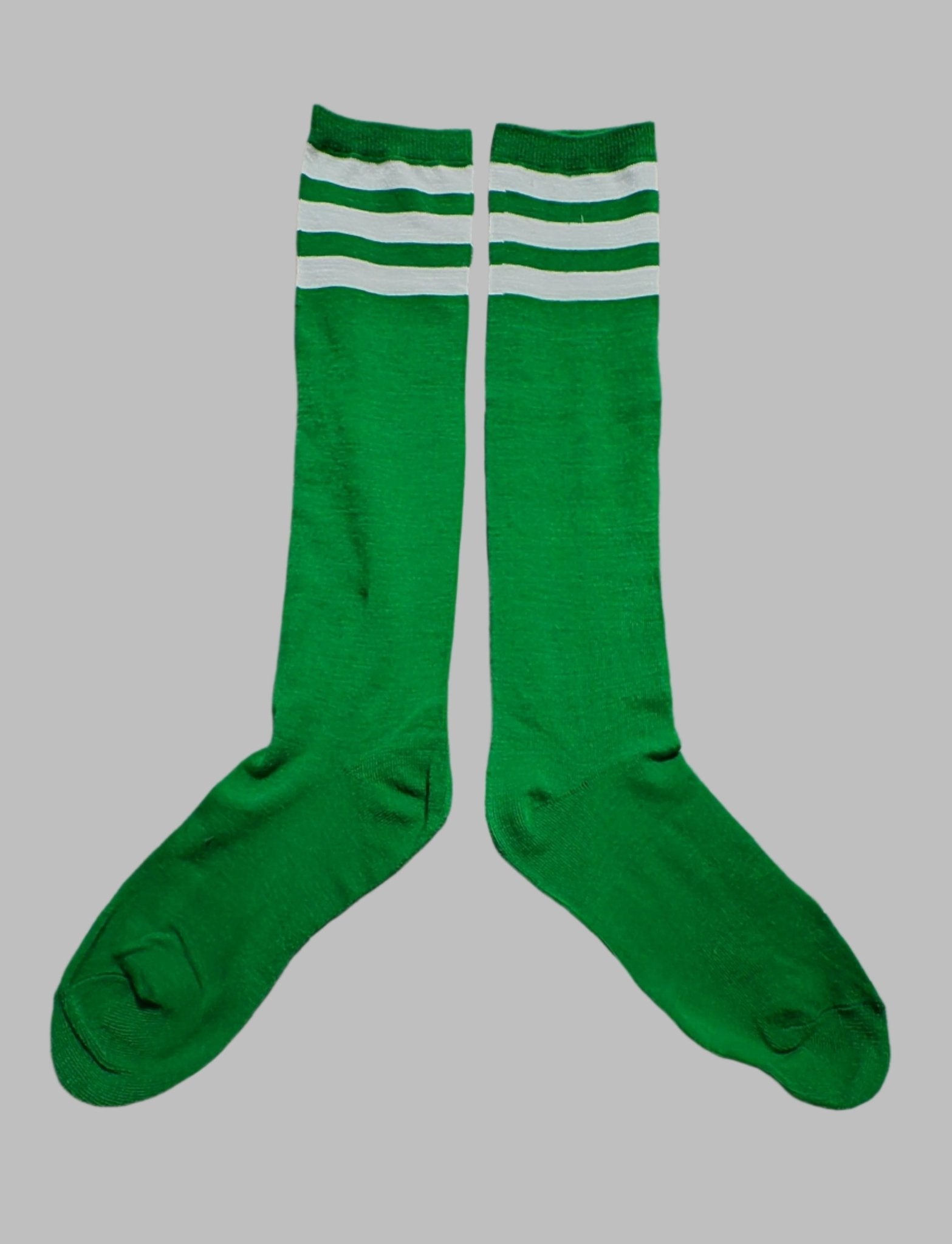 Maskulo Long Socks: Green and White Stripes. Stretchy polyester/cotton blend, one size, 45cm for football/running sports.
