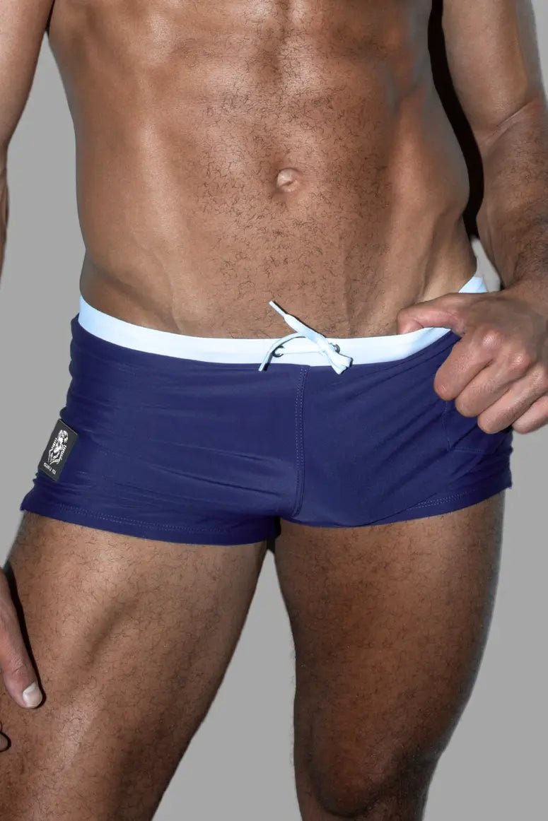 Maskulo Evan Chase Club Shorts, Blue/White swim brief with pocket, adjustable drawstring, enhancement pouch, 80% Polyamide, 20% Spandex.