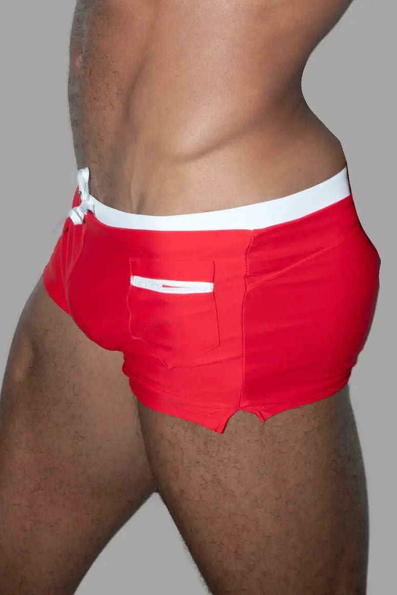 Derek Chase Club Shorts with Pocket from Maskulo Global (EU). Red/White, tight-fit swimwear made of Polyamide/Spandex.