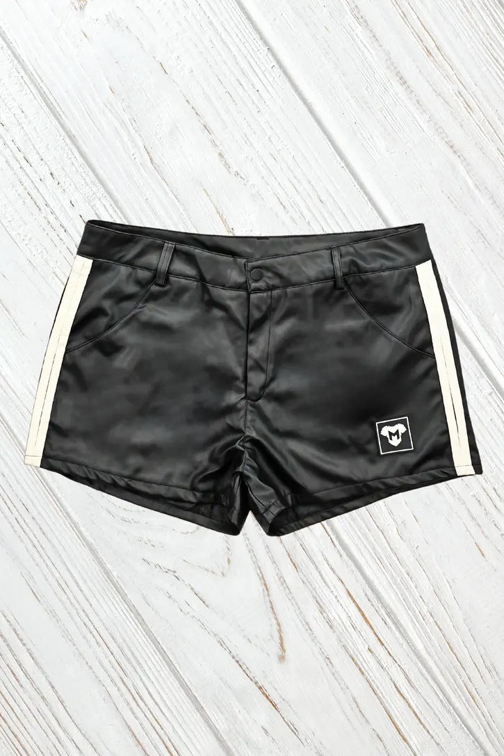 Maskulo Cruz Gearshift PU Leather Shorts in black with two white side stripes, featuring classic leather pants styling and pockets. MSH262.