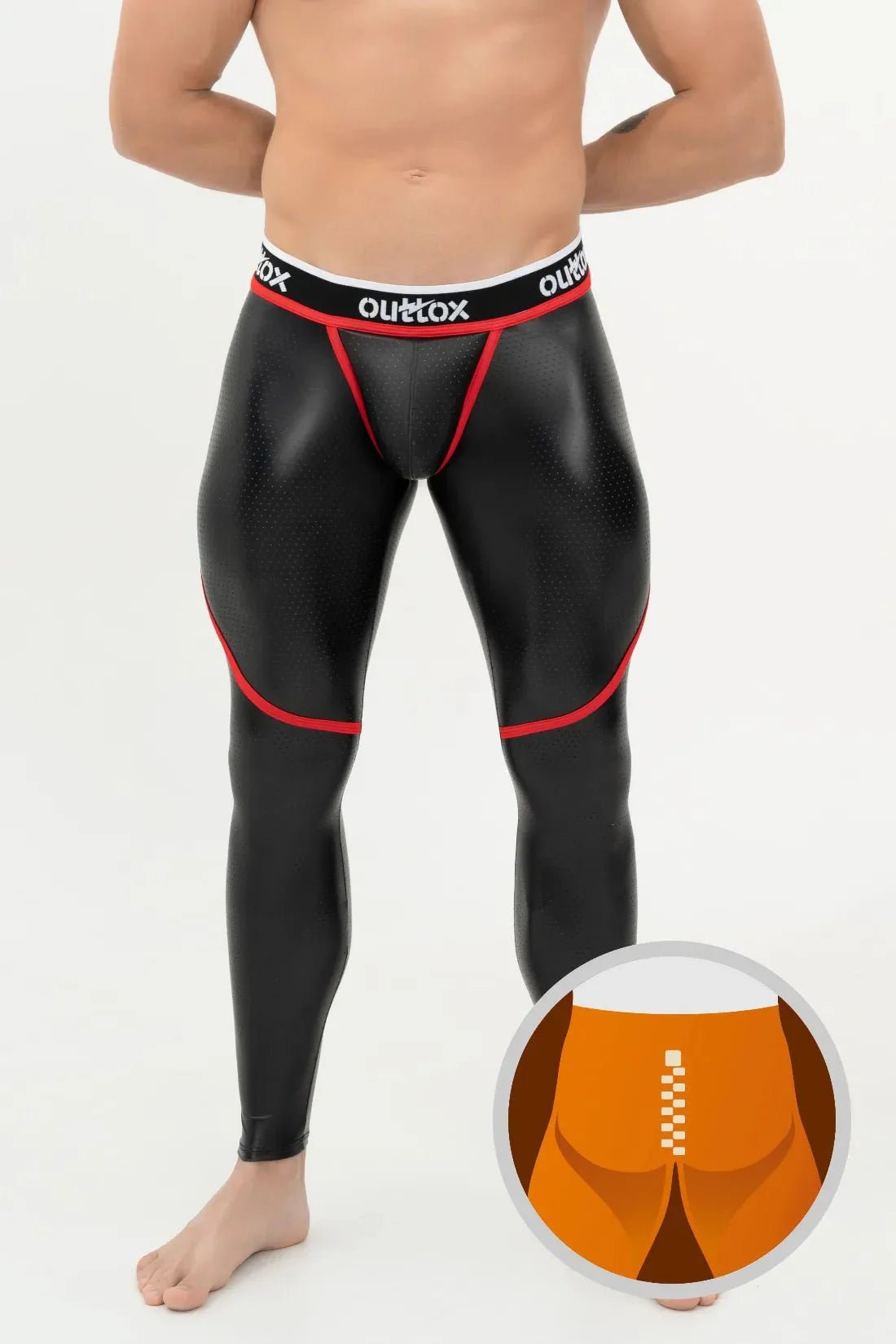 Outtox Zip-Rear Leggings Black/Red with Snap Codpiece, offering a leather-like fetish look, compression, and comfortable long tights.