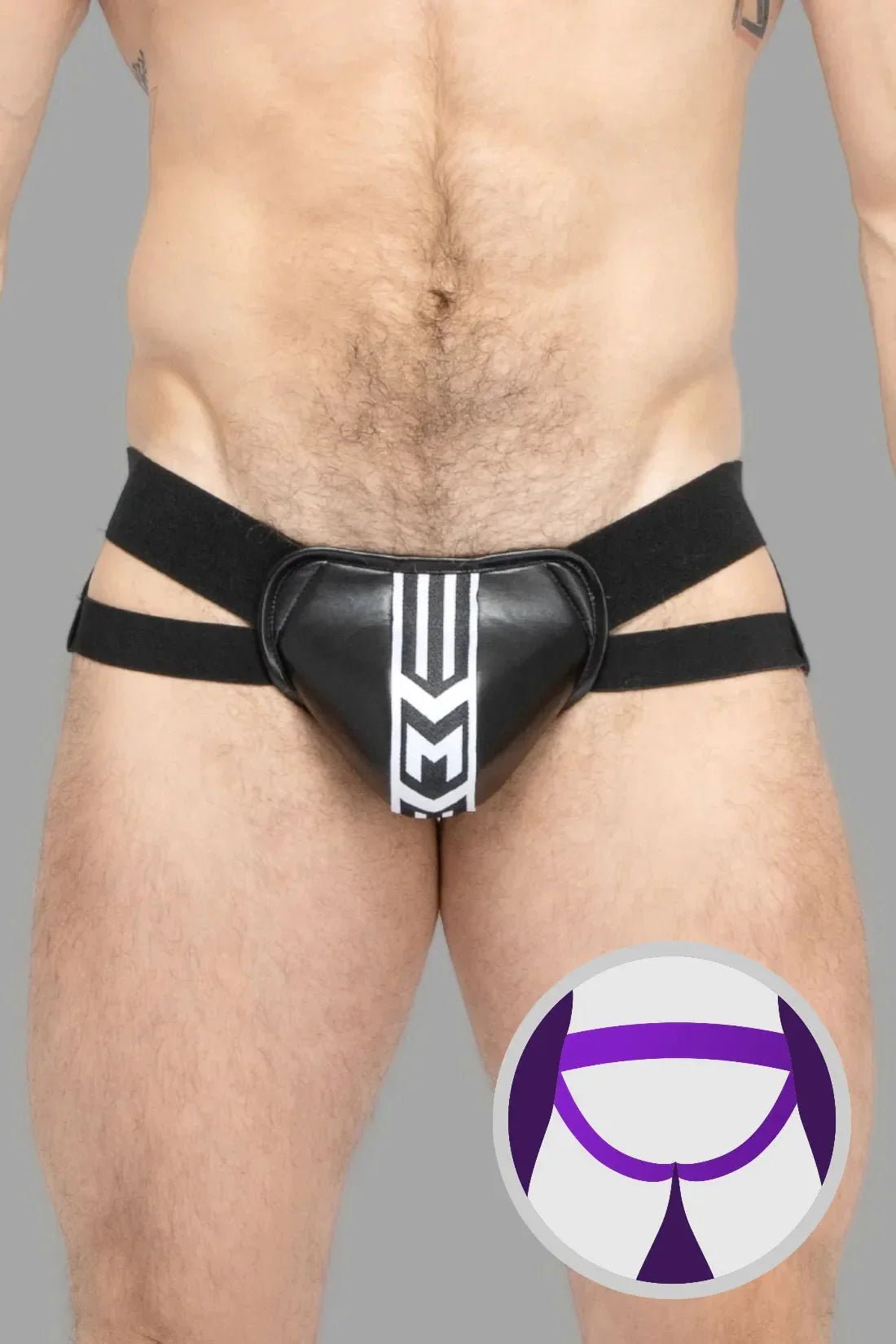 Maskulo Skulla Black+White Jockstrap for men with shell codpiece, ideal for webcam or private dates. Provocative underwear with adjustable straps.