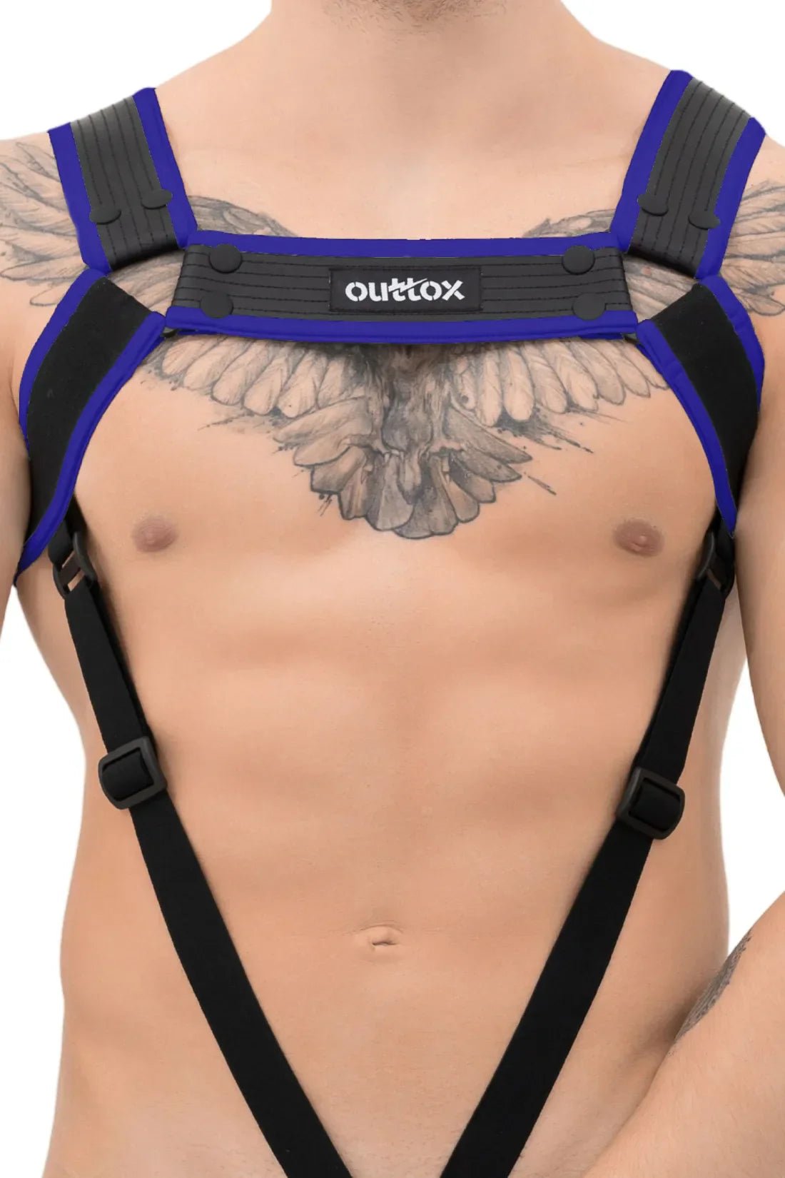 Outtox Body Harness with Snaps in black and blue from Maskulo. Polyester/polyurethane/elastane blend harness with cockring.