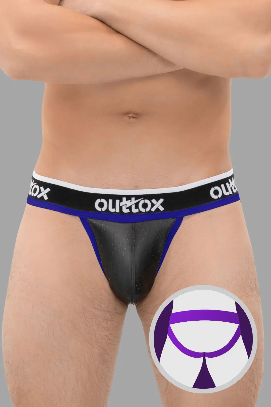 Outtox Black & Royal Blue Jockstrap w/ Snap Codpiece. Perforated PU eco leather, polyester/polyurethane/elastane blend. JS170-62 / XJS105.