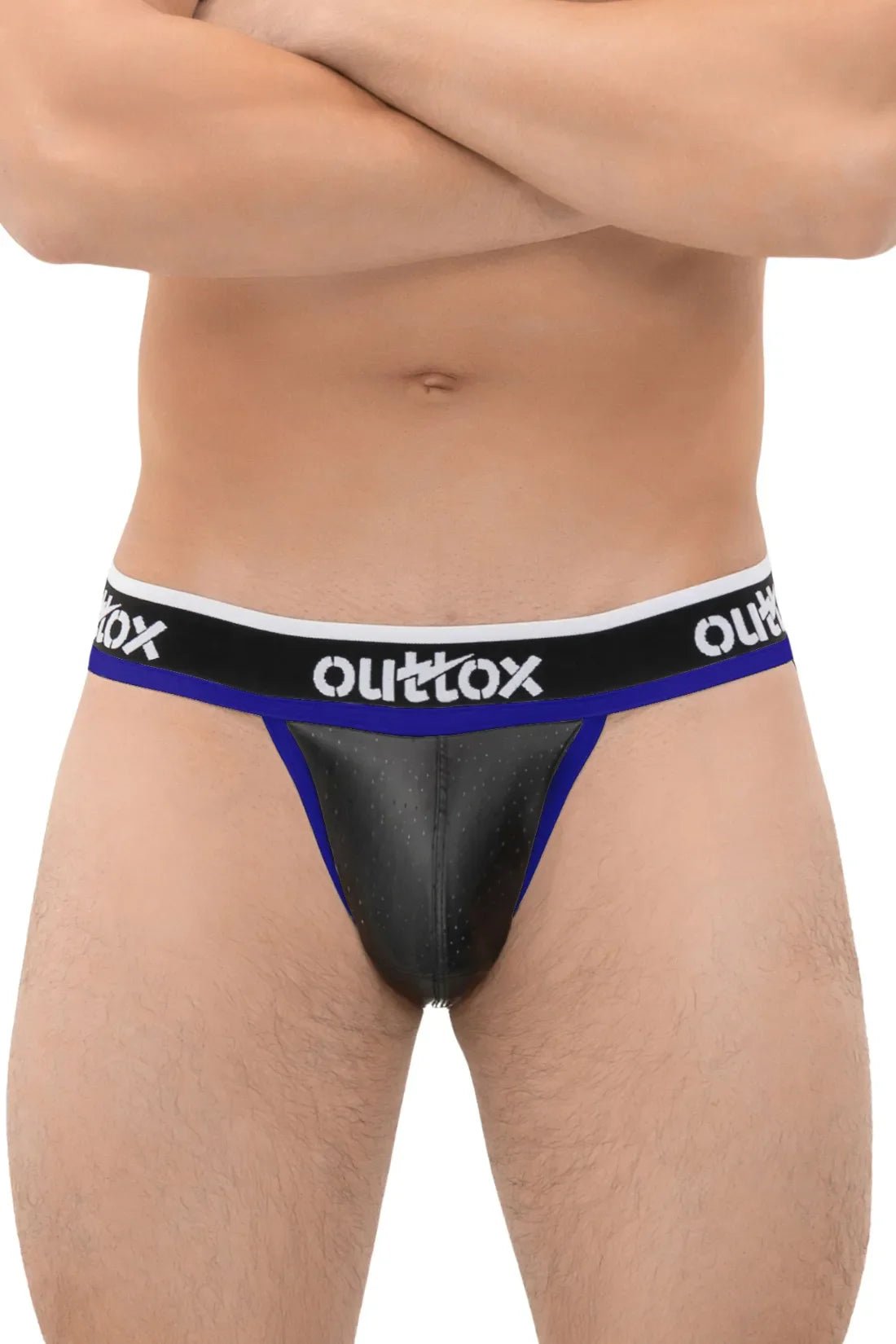 Outtox Black & Royal Blue Jockstrap w/ Snap Codpiece. Perforated PU eco leather, polyester/polyurethane/elastane blend. JS170-62 / XJS105.