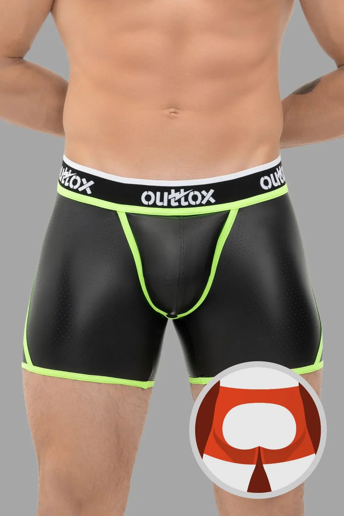 Outtox Black/Green Open Rear Shorts with Snap Codpiece. Polyester/PU eco leather blend for comfort & durability. Style XSH107.