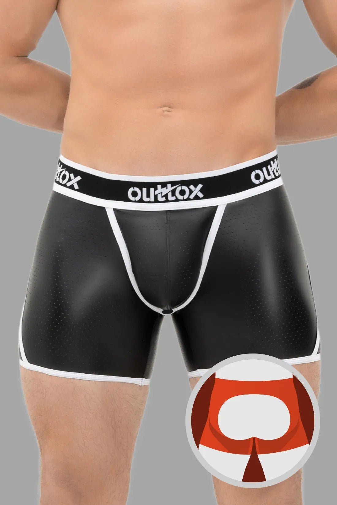 Outtox Black & White Open Rear Shorts with Snap Codpiece. Perforated PU eco leather, polyester/polyurethane/elastane blend.