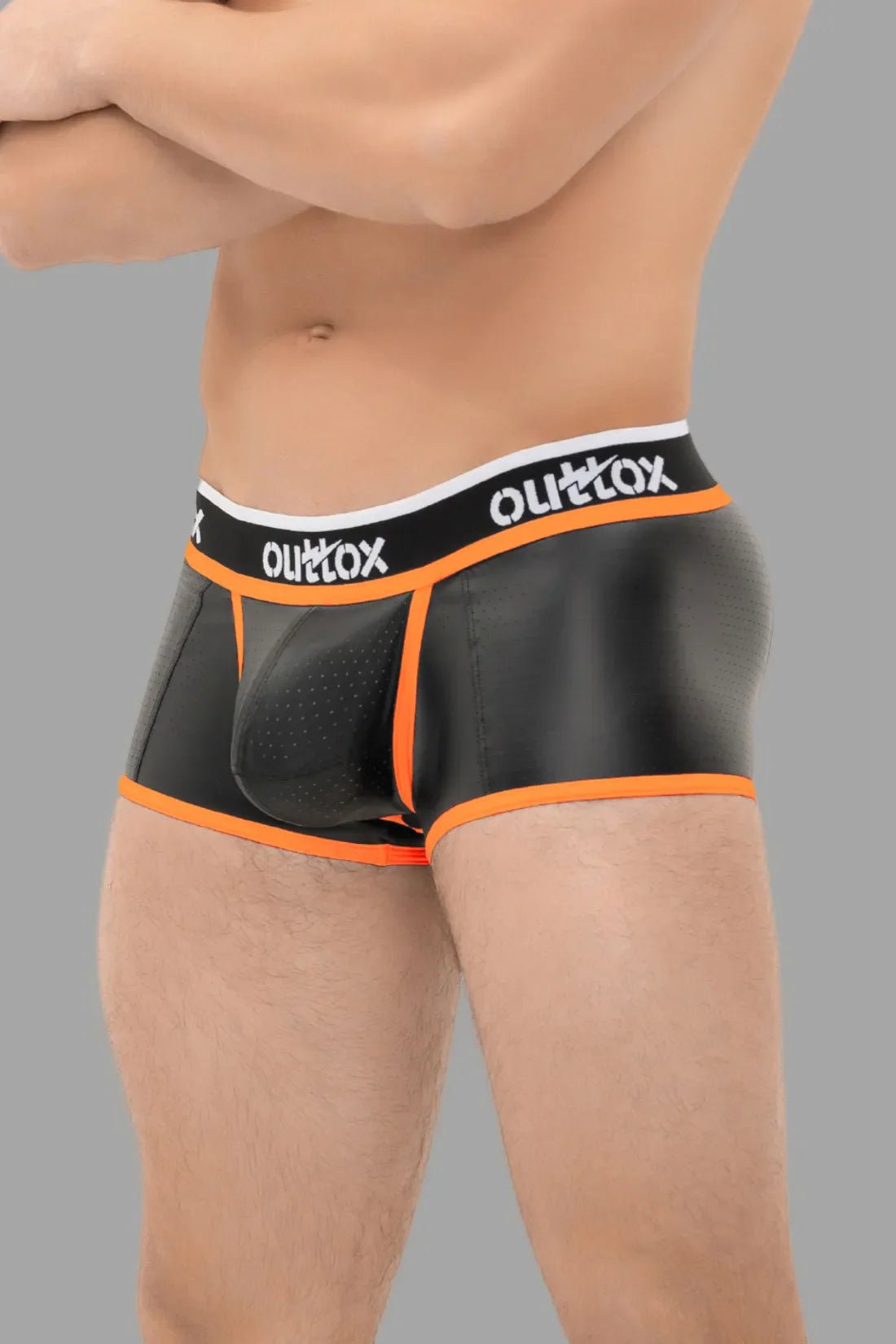 Outtox Shorts: Black/Orange open rear trunk with snap codpiece. Polyester/PU eco-leather blend for comfort and flexibility.