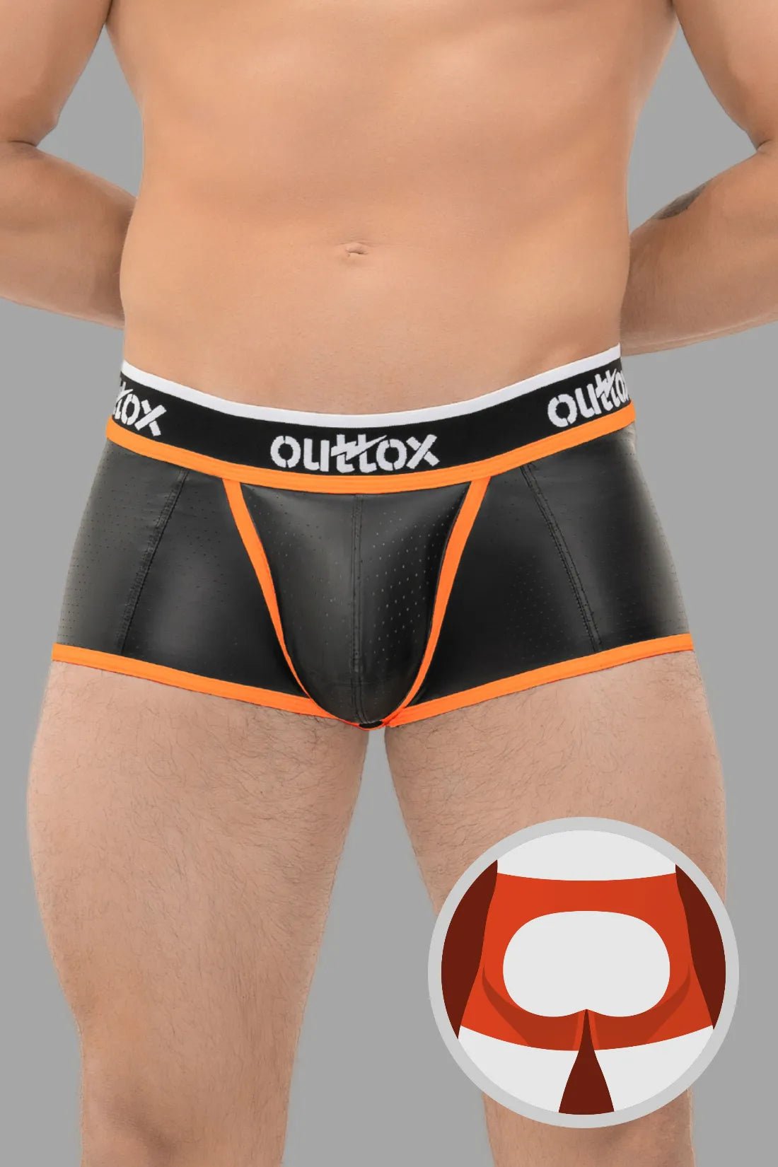 Outtox black and orange open rear trunk shorts with snap codpiece in perforated PU eco leather blend, available at Maskulo Global.