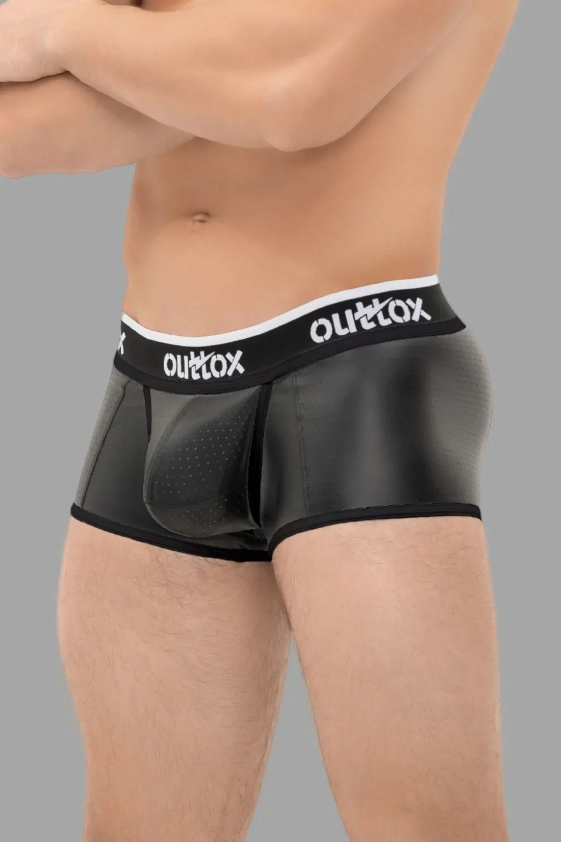 Black XTR107 Open Rear Trunk Shorts with Snap Codpiece, size L, from Maskulo. Ideal for adults, male target gender. SKU XTR107-Y3.