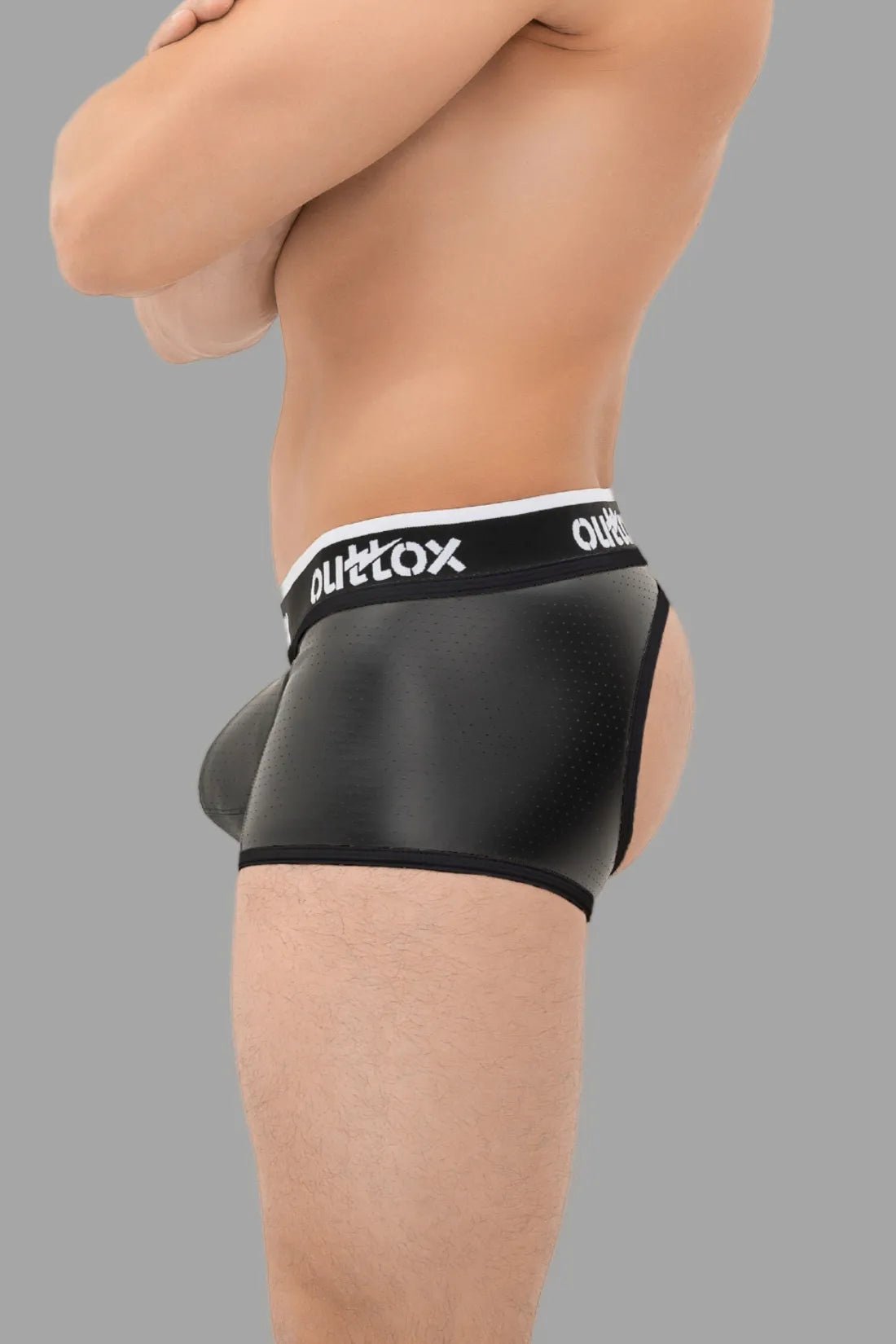 Black XTR107 Open Rear Trunk Shorts with Snap Codpiece, size L, from Maskulo. Ideal for adults, male target gender. SKU XTR107-Y3.