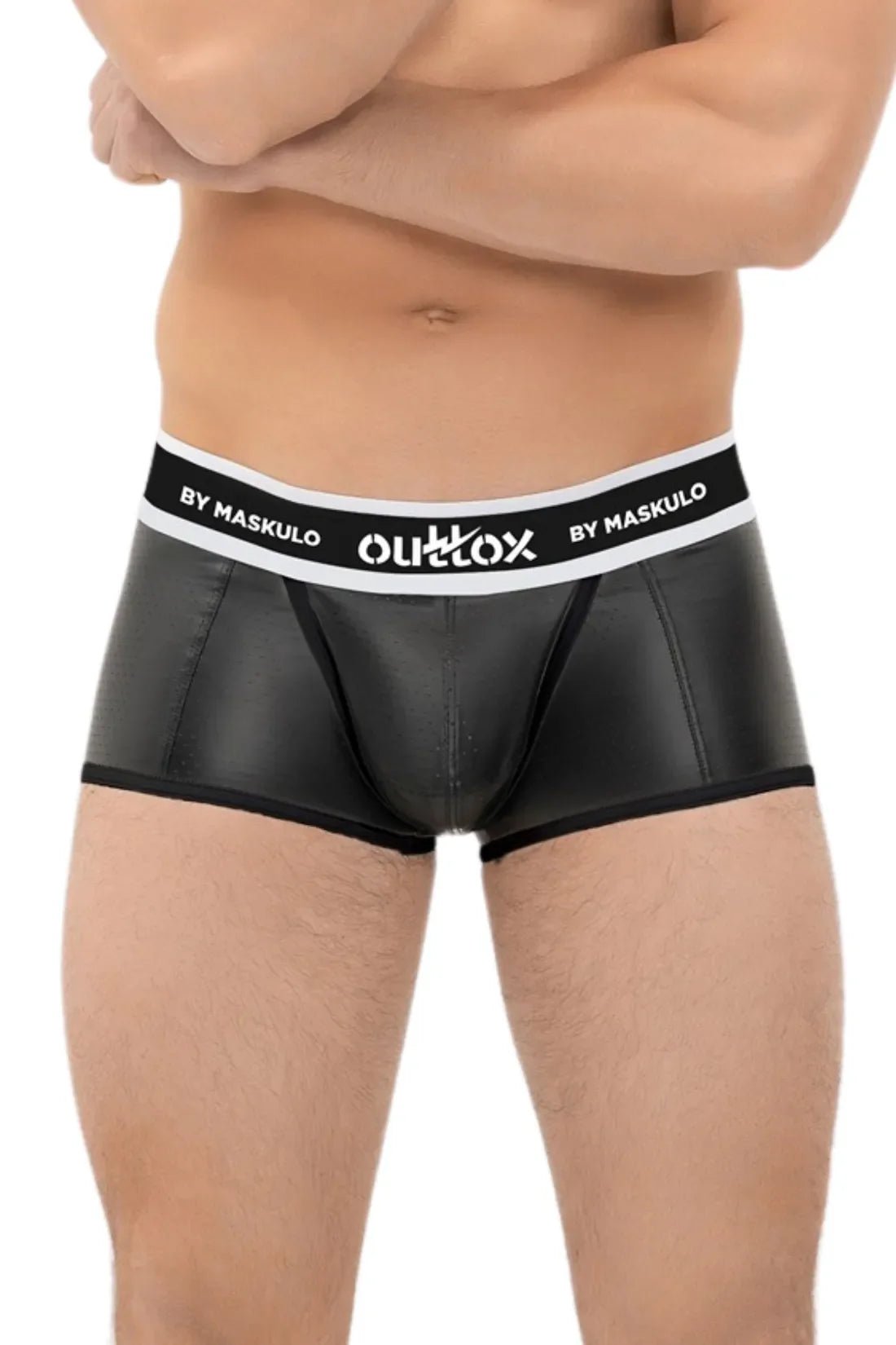 Maskulo Outtox Wrapped Rear Trunk Shorts with Codpiece in Black, size m. View 2.