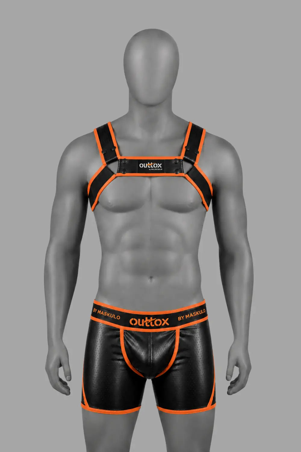 Outtox by Maskulo. Bulldog Harness with Snaps. Black and Orange