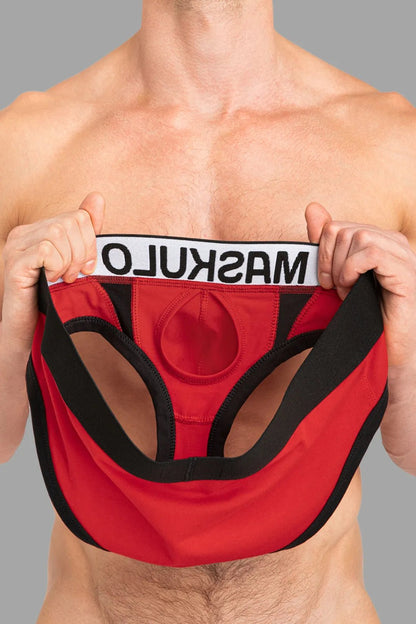 Maskulo Captain A Briefs with O Inside Pouch in red and black, size XL, featuring a unique O-ring design for men.