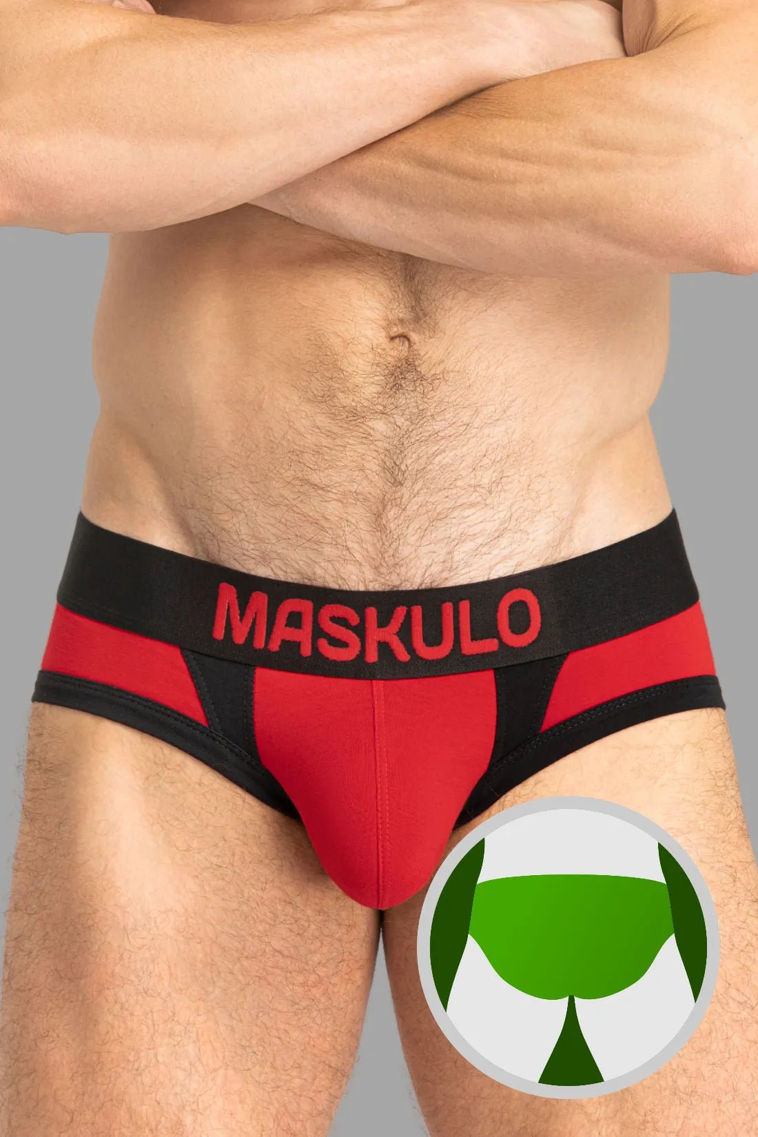 Maskulo CAPTAIN-A Everyday Briefs: Red &amp; Black 100% cotton underwear with O-Inside-POUCH technology for comfort and style.