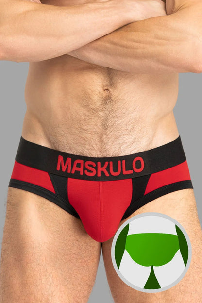 Maskulo CAPTAIN-A Everyday Briefs: Red &amp; Black 100% cotton underwear with O-Inside-POUCH technology for comfort and style.