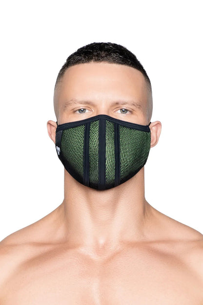 Maskulo Life 3D Mask in Green and Black. Polyester/cotton blend fashion face mask accessory with adjustable straps for comfort.