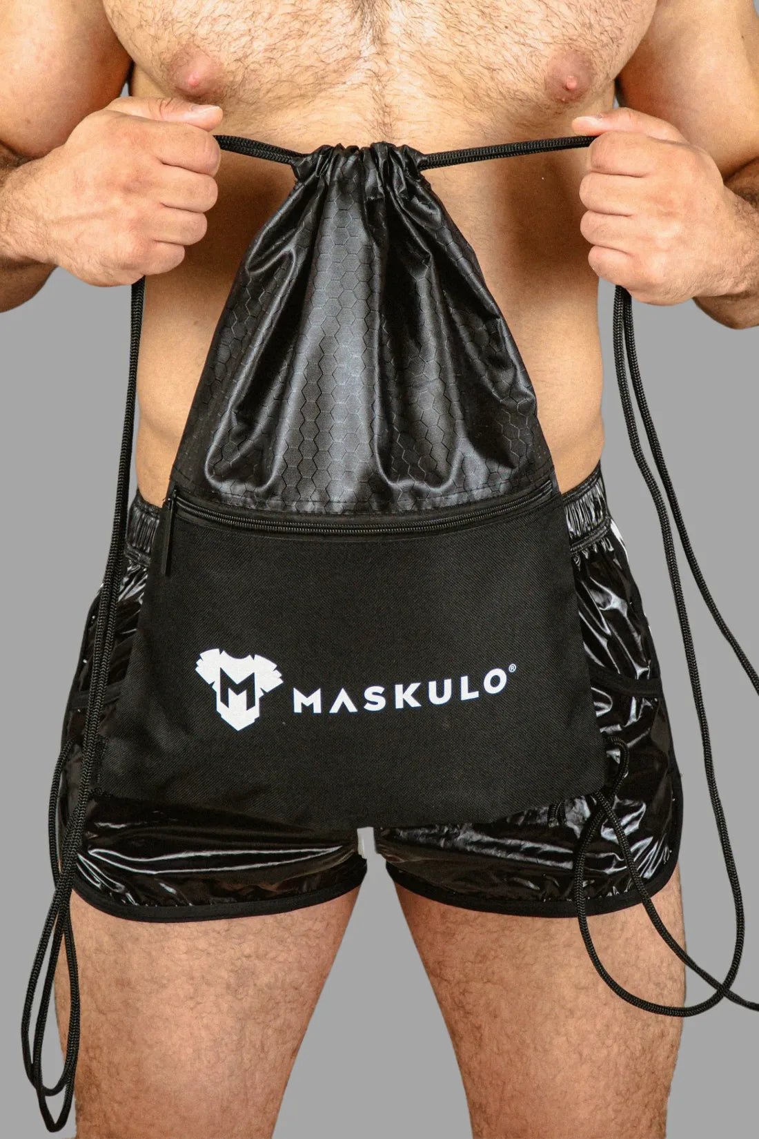 Maskulo Drawstring Bag (MBG112) for gym or travel, black color, featuring the Maskulo logo, durable and lightweight.