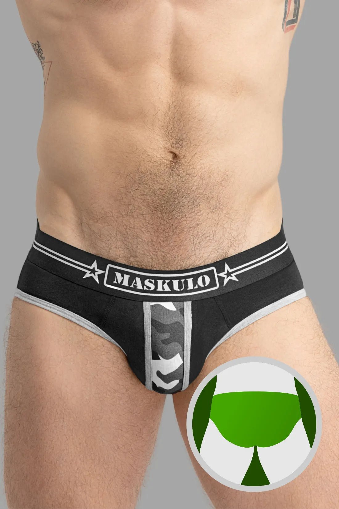 Maskulo Military Briefs with Lifter. Black/Grey cotton/elastane everyday underwear provides soft push-up and comfort.