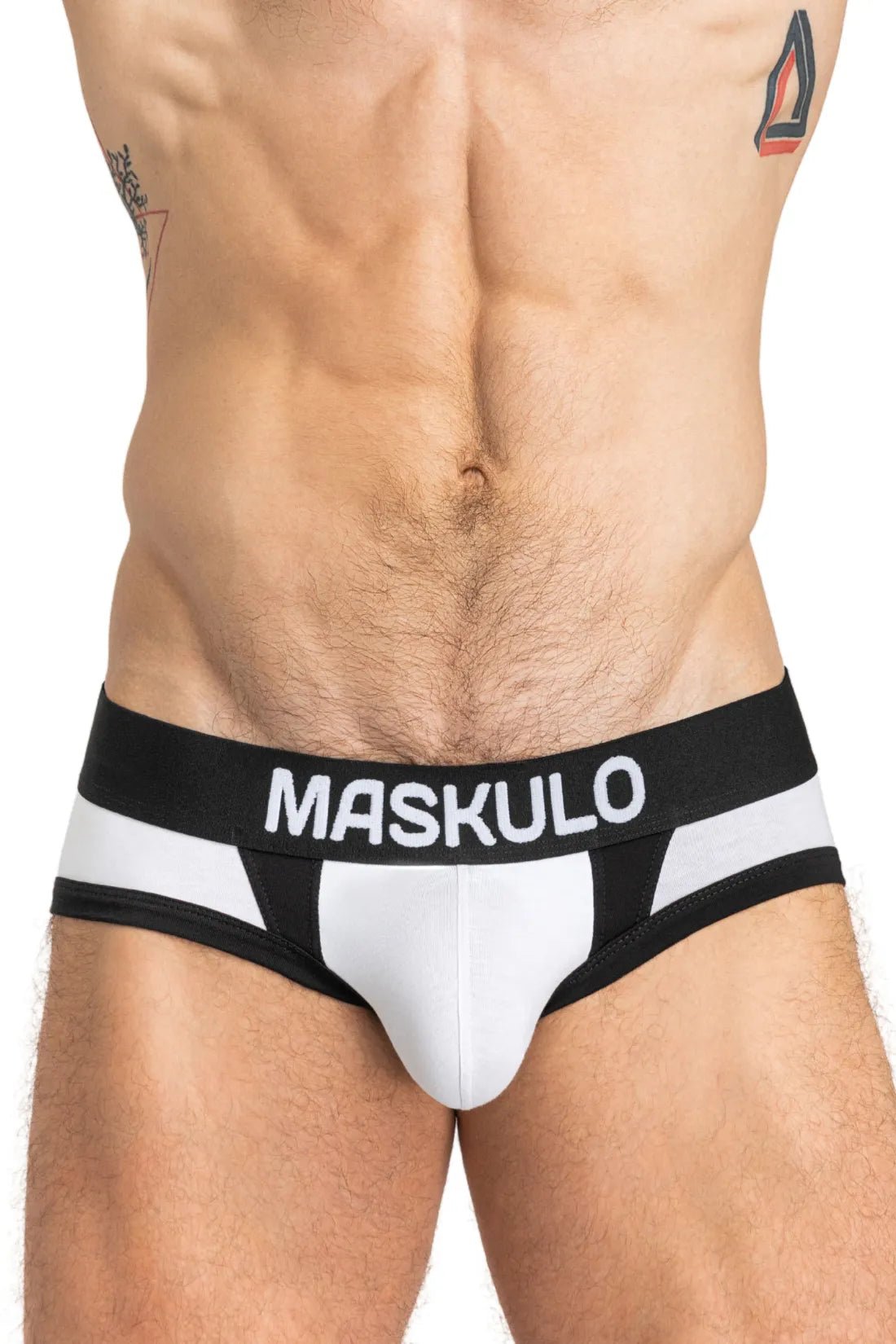 Maskulo Captain A Briefs in white and black with O-ring inside pouch, high-quality men&