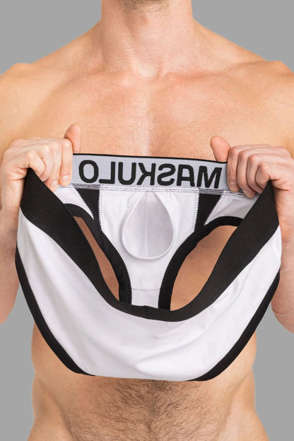 Maskulo Captain A Briefs with O Inside Pouch, White and Black, XXL, MBR140-Y5, for male adults. Price: 32.