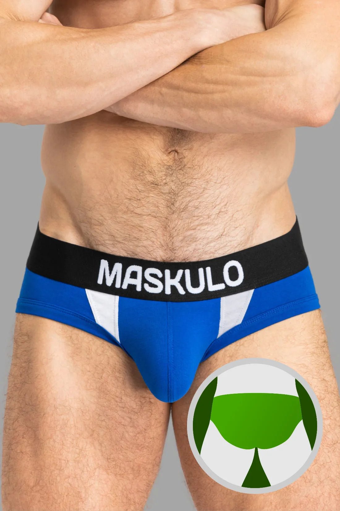 Maskulo CAPTAIN-A Everyday Underwear Briefs in Royal Blue and White, 100% cotton, featuring O-Inside-POUCH technology for comfort.