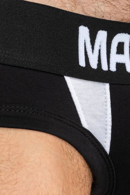 Maskulo Captain A Briefs with O-inside Pouch, black and white, size XXL (MBR143-Y5). Image of the product line.