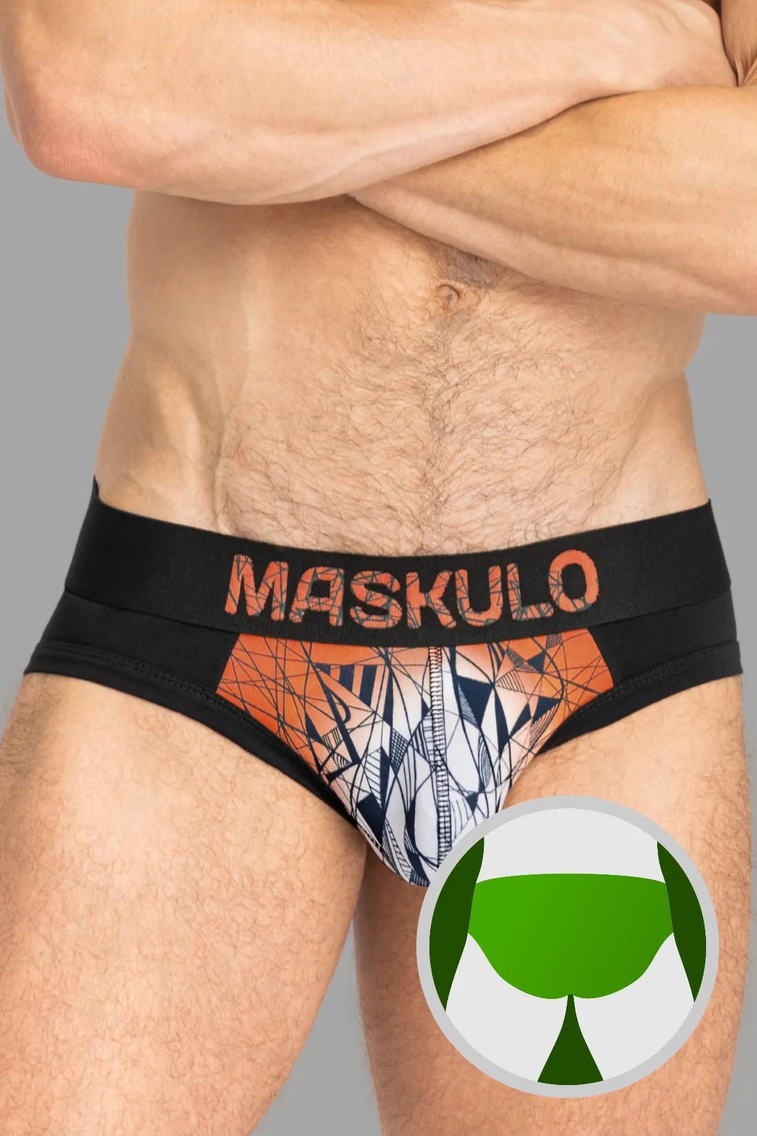 Maskulo ARMOR Black/Orange Briefs with ART-X effect, cotton/elastane blend. Everyday underwear that enhances bulge. SKU MBR144.