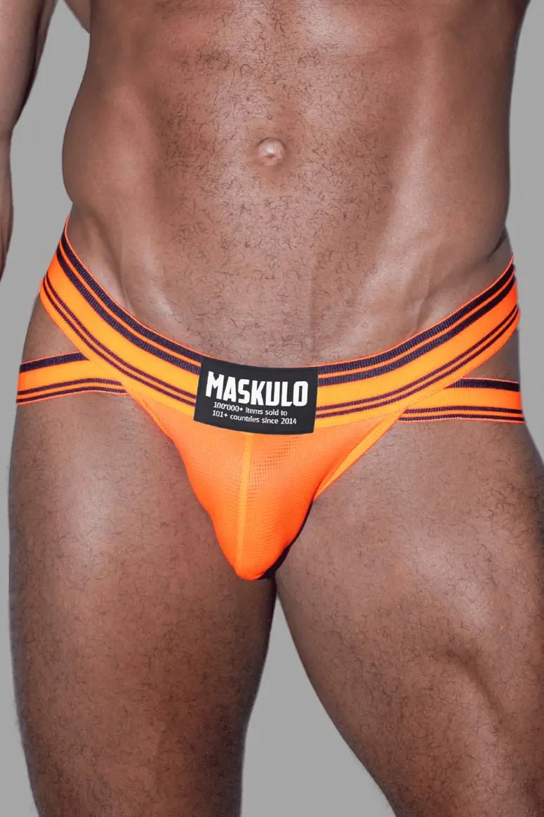 Micah Peacefield Everyday Briefs in orange by Maskulo. Two-tone nylon-mesh pouch, single layer for breathability, comfort, and elasticity.