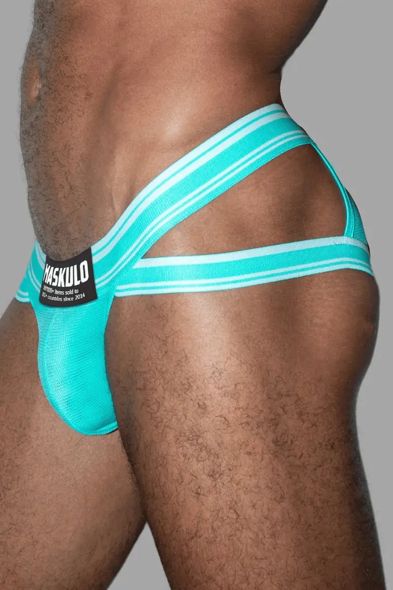 Maskulo Nite Peacefield Turquoise Everyday Briefs. Two-tone nylon-mesh underwear with double pouch for breathability and comfort.