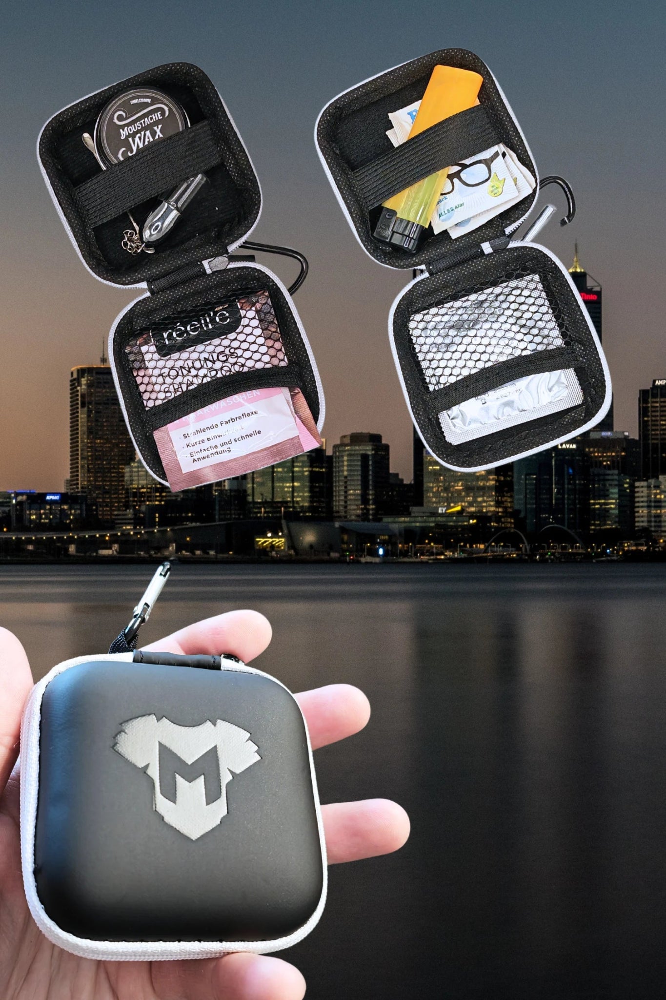 Jax Wanderlust Mini Zip Case with Carabiner in Black and White from Maskulo Global EU store, ideal for small essentials, MCS102.