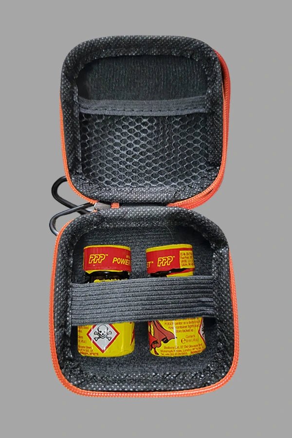 Maskulo Jax Wanderlust Mini Zip Case with Carabiner in Black and Orange. Small travel accessory for storage and organization.