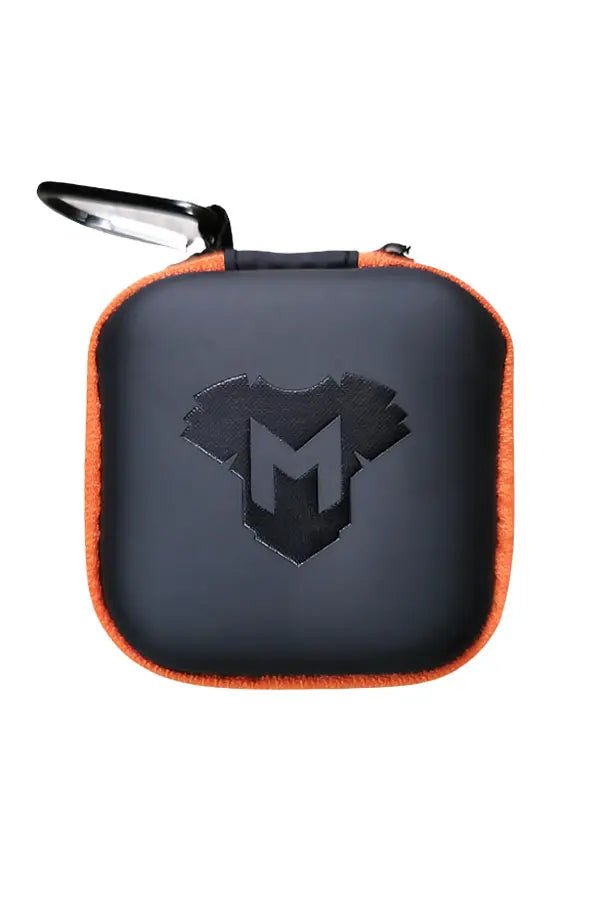 Jax Wanderlust Mini Zip Case with Carabiner in Black and Orange by Maskulo. Compact accessory storage with clip for convenience.