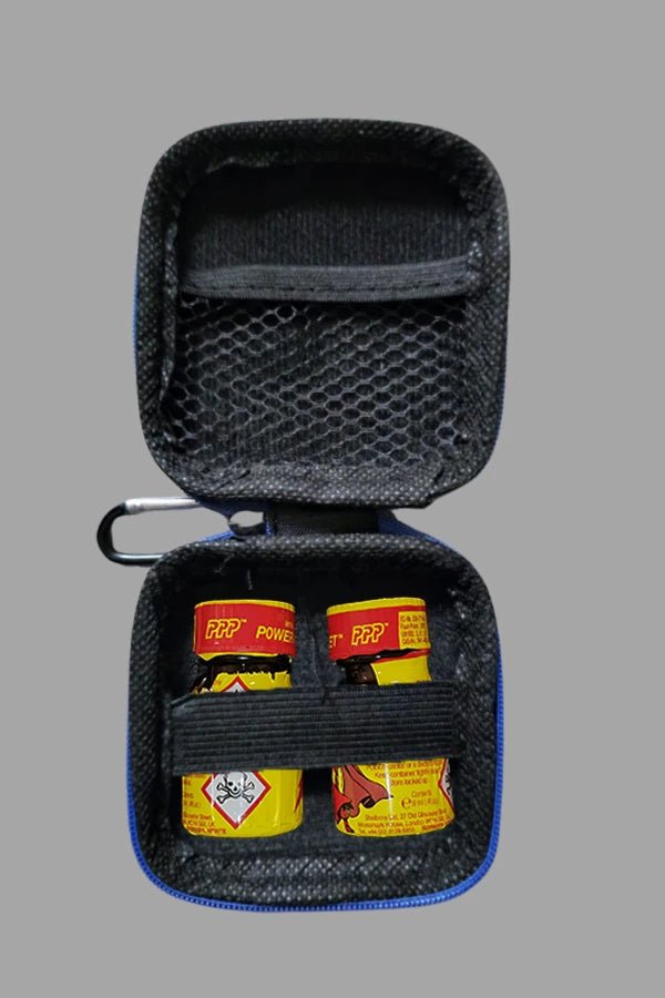 Maskulo Jax Wanderlust mini zip-case with carabiner in black and royal blue. Leather-look EVA case (8x8 cm) with zipper, great for small items.