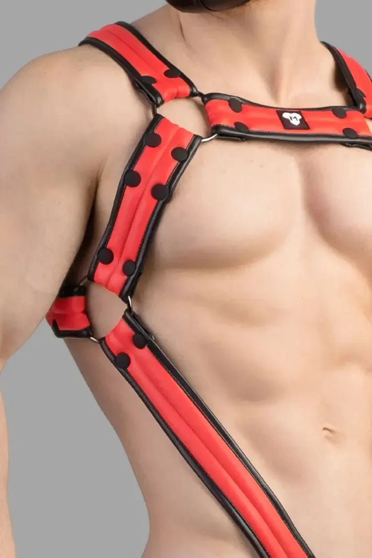 Armored Next Body Harness in red and black by Maskulo. Durable, stylish male body harness accessory.
